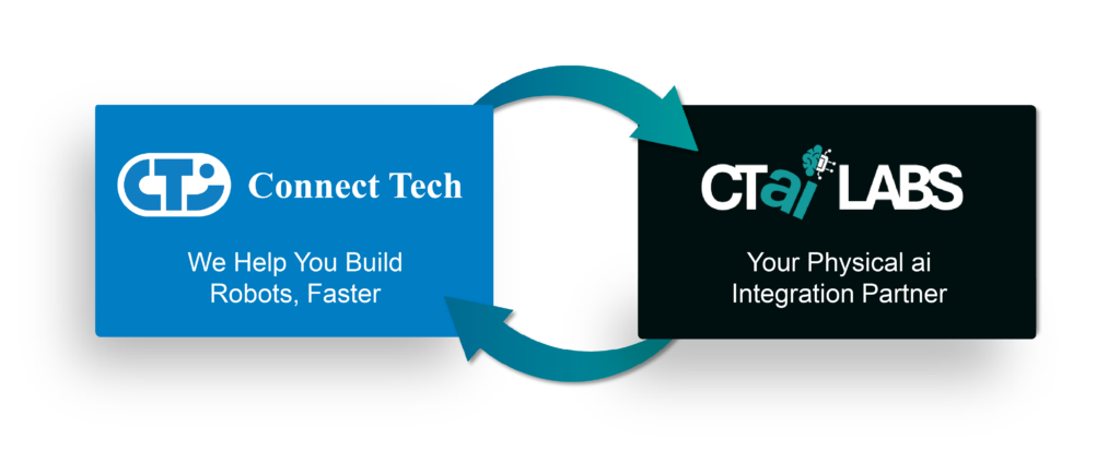 Connect Tech and CTai LABS logos connected by circular arrows showing Physical ai integration partnership