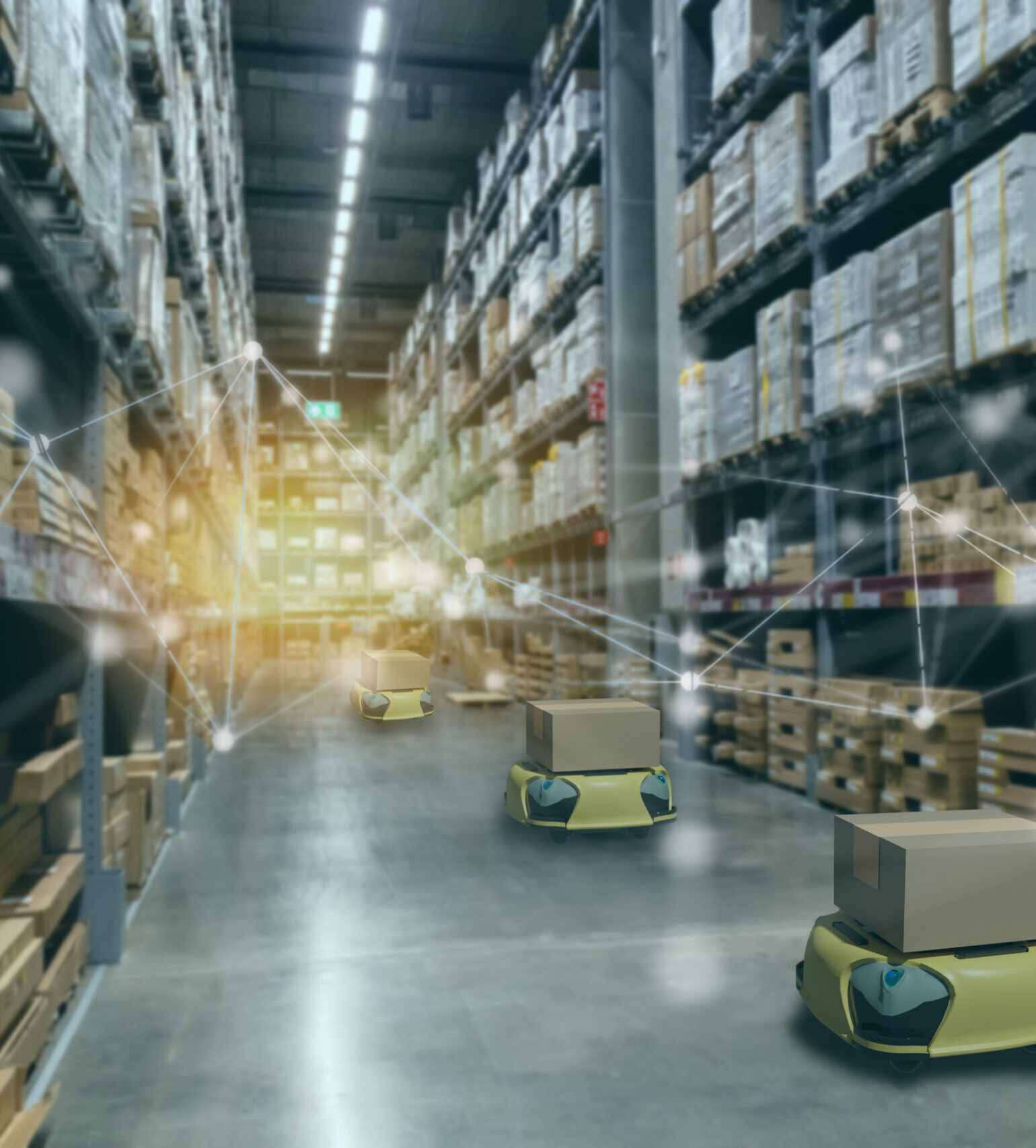 smart retail concept, autonomous robot service use for move box in Stores that stock goods on shelves with artificial intelligence, 5g, digital twin, quantum computer, machine learning, blockchain