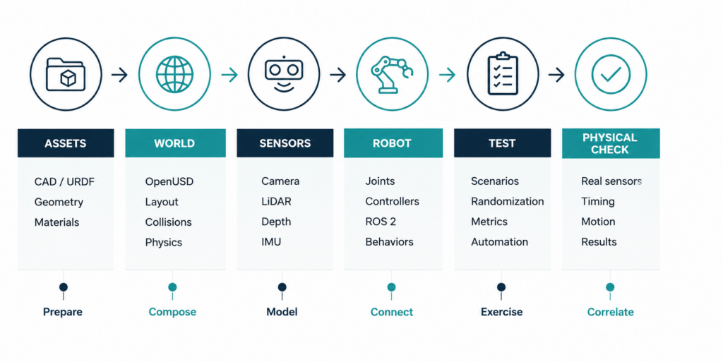 Six Stage Robotics Simulation Pipeline